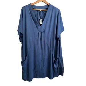 Avenue Navy Tunic Pleated Pocket Short Sleeve V Neck Women Plus Size 22 24